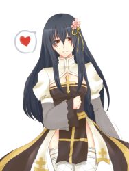  arch_bishop_(ragnarok_online) bell black_dress black_hair blush breasts cleavage_cutout closed_mouth clothing_cutout commentary_request cowboy_shot cross dress female fishnet_thighhighs fishnets flower frilled_thighhighs frills hair_bell hair_between_eyes hair_flower hair_ornament hair_ribbon heart jingle_bell juliet_sleeves latmizu long_hair long_sleeves looking_at_viewer medium_breasts pink_flower puffy_sleeves ragnarok_online red_eyes ribbon sash simple_background smile solo spoken_heart thighhighs two-tone_dress white_background white_dress white_thighhighs yellow_ribbon yellow_sash 