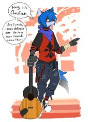  5_fingers anthro axy_usagi bandage canid canine canis christian_(axy_usagi) clothed clothing collar fingers footwear fully_clothed fur gesture guitar hair hand_gesture kerchief male mammal multicolored_body multicolored_fur musical_instrument pattern_clothing plant plucked_string_instrument serious shoes simple_background solo string_instrument striped_clothing stripes tree wolf 