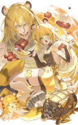  absurdres alternate_costume animal_ears bare_shoulders black_dress black_gloves black_shorts blonde_hair breasts chinese_clothes colored_inner_hair commentary dress female fingerless_gloves fingernails food gloves green_eyes highres holding holding_food ju_fufu light_blush long_hair looking_at_viewer looking_back meat medium_breasts multicolored_hair multiple_views netural open_mouth shorts skindentation sleeveless sleeveless_dress smile steamed_bun tail thigh_strap thighs tiger_ears tiger_girl tiger_tail white_background white_hair yellow_dress zenless_zone_zero 