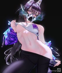  armpit_crease bandeau black_background black_hair black_pants breasts cleavage clothes_lift clothes_pull female fingernails goddess_of_victory:_nikke groin hair_between_eyes headgear high-waist_pants high_ponytail highres jacket large_breasts lifting_own_clothes linea_alba long_hair looking_at_viewer mask mouth_mask navel no_bra no_panties pants pants_pull patricius_carnage ponytail presenting purple_eyes purple_jacket shirt_lift sin_(nikke) solo stomach toned toned_female underboob white_bandeau yoga_pants 