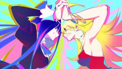  2girls absurdres angry bangle black_dress blonde_hair blue_eyes blunt_bangs bracelet breasts clenched_teeth colored_inner_hair commentary dechel dress earrings eye_contact face-to-face fighting from_side gold_choker heads_together highres holding_hands hoop_earrings interlocked_fingers jewelry juliet_sleeves large_breasts long_hair long_sleeves looking_at_another multicolored_hair multiple_girls panty_&amp;_stocking_with_garterbelt panty_(psg) pink_hair profile puffy_sleeves purple_hair red_dress siblings sisters sleeveless sleeveless_dress stocking_(psg) symbol-only_commentary teeth two-tone_hair upper_body very_long_fingernails very_long_hair 