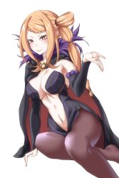  absurdres black_dress blonde_hair blush braid breasts capelet center_opening cleavage closed_mouth commentary cosplay dress elsa_granhilte elsa_granhilte_(cosplay) evil_smile female fur-trimmed_capelet fur_trim grin hair_bun highres jewelry large_breasts looking_at_viewer navel pantyhose priscilla_barielle re:zero_kara_hajimeru_isekai_seikatsu red_eyes revealing_clothes ring side_ponytail sidelocks simple_background single_braid single_hair_bun smile solo stomach v-shaped_eyebrows ve666ve white_background 