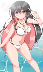  absurdres anchor_pendant bikini black_hair breasts cleavage closed_mouth colored_inner_hair commentary_request female front-tie_bikini_top front-tie_top hairband highres itsuya_(hmizugucti) jewelry kantai_collection large_breasts leaning_forward long_hair multi-strapped_bikini_bottom multicolored_hair naganami_(kancolle) naganami_kai_ni_(kancolle) navel necklace oerba_yun_fang pink_hair purple_eyes skin_fang smile solo swimsuit v variant_set very_long_hair water white_bikini white_hairband 