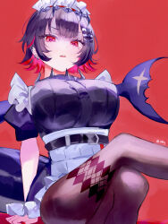  absurdres black_dress black_hair blush breasts brown_pantyhose colored_inner_hair crossed_bangs dress ellen_joe female fins fish_tail hairband highres large_breasts looking_at_viewer maid_headdress metal_hairband mile_(off8mile) multicolored_hair open_mouth pantyhose red_eyes red_hair shark_girl shark_tail short_hair solo spiked_headband tail zenless_zone_zero 