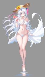  absurdres alternate_costume bare_shoulders bikini blush bow breasts carlotta_(wuthering_waves) cherry commentary cup drinking_glass drinking_straw earrings female flower food front-tie_bikini_top front-tie_top fruit full_body grey_background groin hairbow hat hat_flower highres holding holding_cup jewelry juice lilac_(k32420276) long_hair medium_breasts navel orange_(fruit) orange_slice parted_bangs parted_lips sandals side-tie_bikini_bottom simple_background smile solo stomach swimsuit thigh_gap toes very_long_hair white_bikini wuthering_waves 