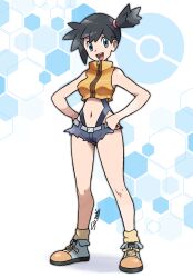  :d absurdres alternate_hair_color artist_name black_hair blue_eyes blue_shorts commentary commission crop_top denim denim_shorts english_commentary eyelashes female full_body hands_on_own_hips highres kasumi_(pokemon) medium_hair midriff navel open_mouth poke_ball_symbol pokemon pokemon:_the_electric_tale_of_pikachu ponytail shirt shoelaces shoes short_ponytail short_shorts shorts siczak side_ponytail signature sleeveless sleeveless_shirt smile socks solo standing teeth torn_clothes torn_shorts upper_teeth_only yellow_socks zipper 
