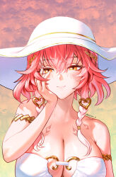  absurdres adversarial_noise alternate_costume armpit_crease atzza_a bare_shoulders body_markings braid breasts changli_(wuthering_waves) cleavage closed_mouth commentary female hair_between_eyes hair_extensions hat head_wreath highres large_breasts looking_at_viewer multicolored_hair orange_eyes pink_hair ring_hair_extensions smile solo twin_braids two-tone_hair upper_body white_hair white_hat wuthering_waves 