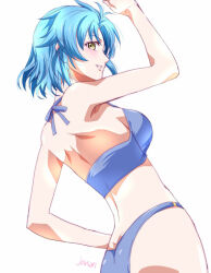  arm_up artist_name bikini blue_bikini blue_hair brown_eyes eiyuu_densetsu female josette_capua looking_at_viewer parted_bangs short_hair simple_background solo sora_no_kiseki swimsuit white_background xiacheng_tatsuya 