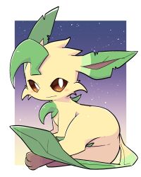  2023 3_toes :| ambiguous_gender blush border brown_inner_ear brown_sclera cheek_tuft digital_media_(artwork) digitigrade ears_back eeveelution facial_tuft featureless_crotch feet feral generation_4_pokemon gradient_background green_ears green_tail hi_res kemono leaf leaf_ears leaf_hair leaf_tail leafeon leapappa leg_markings lying markings mouth_closed nintendo on_side pattern_background paws pivoted_ears plant plant_hair pokemon pokemon_(species) pseudo_hair pupils shaded simple_background simple_shading socks_(marking) solo tail tan_body toes tuft white_border white_pupils 