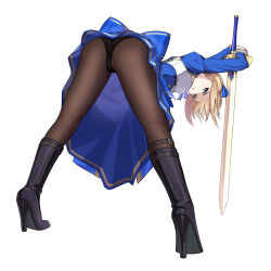  absurdres artoria_pendragon_(fate) ass bent_over black_panties blonde_hair blue_bow blue_bowtie blue_dress blue_ribbon boots bow bowtie braid braided_bun crossover darkhawkayin dress excalibur_(fate/stay_night) fate/stay_night fate/unlimited_blade_works fate_(series) female green_eyes hair_bun hands_on_hilt high_heel_boots high_heels highres holding holding_sword holding_weapon honkai:_star_rail honkai_(series) looking_at_viewer panties pantyhose ribbon saber_(fate) saber_(honkai:_star_rail)_(fate) short_hair sword underwear weapon 