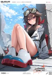  ahoge bare_legs bare_shoulders brown_hair colored_shoe_soles commentary_request commission edajima_denki english_commentary female goggles goggles_on_head hair_flaps hair_ribbon highres jacket knees long_hair looking_at_viewer low_twintails multicolored_hair on_floor original red_hair red_ribbon ribbon shoes sitting skeb_commission solo streaked_hair sweat twintails two-tone_hair white_jacket white_shoes 