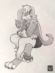  anthro biped bird_dog canid canine canis claws clothed clothing cloves_(freckles) domestic_dog floppy_ears freckles_(artist) fur graphite_(artwork) hunting_dog male mammal monochrome pawpads paws smile solo spaniel tail traditional_media_(artwork) 