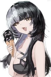  adapted_costume arm_between_breasts between_breasts bikini black_bikini black_hair breasts commentary female food grey_hair highres holding holding_food holding_ice_cream hololive hololive_english ice_cream ice_cream_cone kozimo123456 large_breasts long_hair looking_at_viewer multicolored_hair oerba_yun_fang shiori_novella shiori_novella_(1st_costume) simple_background solo split-color_hair swimsuit two-tone_hair virtual_youtuber white_background yellow_eyes yorick_(shiori_novella) 