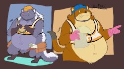  2025 anthro armor belly big_belly burger crab-eating_mongoose duo eating food hard_hat headgear helmet hi_res humanoid_hands jacobspencer04 male mammal mustelid musteline navel overweight overweight_male siberian_weasel simple_background standing tails_of_trainspot timo_(tails_of_trainspot) toby_(tails_of_trainspot) true_musteline weasel 