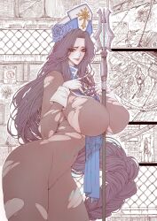  blue_tabard bodystocking braid braided_ponytail breasts cleavage eyelashes female gloves goddess_of_victory:_nikke hat highres holding holding_mace holding_weapon jun_wu_mo large_breasts legs long_hair looking_at_viewer mace maiden_(ice_rose)_(nikke) maiden_(nikke) mitre see-through_bodystocking smile tabard thick_thighs thighs torn_bodystocking torn_clothes weapon 