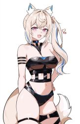  animal_ear_fluff animal_ears bikini black_bikini blonde_hair blue_streaks breasts dog_ears dog_girl dog_tail female fuwawa_abyssgard highres hololive hololive_english holonatsu_paradise large_breasts looking_at_viewer navel official_alternate_costume open_mouth pink_eyes side_ponytail simple_background solo swimsuit tail ttsyrene virtual_youtuber white_background 