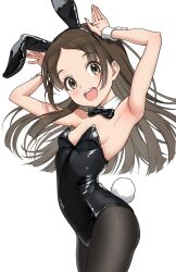  animal_ear_hairband animal_ears armpits black_bow black_bowtie black_leotard black_pantyhose bow bowtie breasts brown_eyes brown_hair cowboy_shot detached_collar fake_animal_ears female gakuen_idolmaster hairband highres idolmaster kuramoto_china leotard long_hair looking_at_viewer open_mouth osoba_susurukun pantyhose parted_bangs playboy_bunny rabbit_ears rabbit_pose rabbit_tail round_teeth simple_background small_breasts smile solo strapless strapless_leotard tail teeth upper_teeth_only white_background wrist_cuffs 