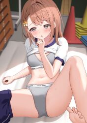  arm_support artist_name bare_arms blurry blurry_background blush bra braid breasts brown_hair charl2837 clothes_lift clothes_writing commentary_request facing_viewer feet female flower grey_bra grey_panties gym_shirt gym_storeroom gym_uniform hair_behind_ear hair_flower hair_ornament hanasato_minori hand_up highres indoors mat medium_breasts medium_hair navel panties project_sekai reclining shirt shirt_lift short_sleeves shorts shorts_around_one_leg sideways_glance single_bare_leg solo sports_bra sports_panties spread_legs stomach sweat thighs traffic_cone underwear underwear_writing variant_set vaulting_horse white_shirt 