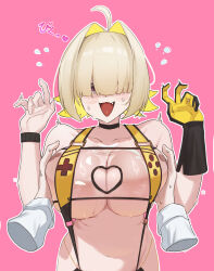  1other :3 ahoge bikini blonde_hair breasts cleavage_cutout clothing_cutout disembodied_hand elegg_(boom_and_shock)_(nikke) elegg_(nikke) female gloves goddess_of_victory:_nikke grabbing_another&#039;s_breast groping hair_intakes hair_over_eyes heart_cutout highres long_sleeves looking_at_viewer medium_hair navel nsan oerba_yun_fang official_alternate_costume open_mouth pink_eyes purple_eyes shirt simple_background single_glove slingshot_swimsuit solo_focus stomach surprised swimsuit white_shirt yellow_bikini yellow_gloves yellow_slingshot_swimsuit 