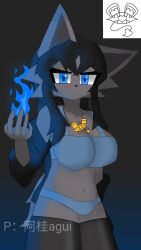  agui_(artist) big_breasts black_clothing black_hair black_legwear blue_clothing blue_eyes blue_fire breasts canid canine clothing colored_fire female female/female fire fox_tail grey_body hair hi_res humanoid legwear long_hair makemon mammal pixiv religion religious_symbol solo 