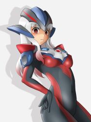  \m/ aiueo8371 alternate_hair_color animification armor armored_bodysuit black_bodysuit blush bodysuit breasts color_timer commentary contrapposto cosplay covered_navel cowboy_shot cut_bangs dark_persona drop_shadow female gradient_hair hand_on_own_hip headgear highres humanization legs_together long_hair looking_at_viewer medium_breasts minato_asahi multicolored_bodysuit multicolored_hair parted_lips red_bodysuit red_eyes red_hair self_cosplay shoulder_armor shoulder_pads simple_background skin_tight solo standing tan teeth tokusatsu two-tone_bodysuit two-tone_hair ultra_galaxy_(series) ultra_galaxy_fight:_the_destined_crossroad ultra_series ultrawoman_grigio_darkness ultrawoman_grigio_darkness_(cosplay) white_background white_hair 