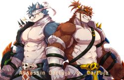  1boy abs absurdres animal_ears armor bandaged_hand bandages bara biceps braid cartuja_(epic_seven) character_name claws clenched_hands covered_eyes cross_scar english_commentary epic_seven furry furry_male gloves goggles goggles_on_head grin highres looking_at_viewer male_focus mouth_hold multiple_forms muscular muscular_male pauldrons pectorals ponytail red_eyes scar scar_on_cheek scar_on_face shoulder_armor single_glove single_pauldron smile spiked_pauldrons stalk_in_mouth topless_male uken_l white_background white_gloves wolf_boy wolf_ears 