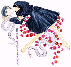  akeome all_the_way_through barefoot black_eyes black_hair black_serafuku chinese_zodiac commentary_request female flower full_body happy_new_year highres nakamura_hirofumi new_year open_mouth original school_uniform serafuku short_hair snake solo traditional_media year_of_the_snake 