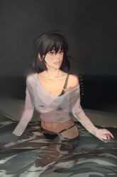  bikini black_eyes black_hair clenched_teeth female full_body han_sooyoung highres jozllie maid_headdress o-ring o-ring_bikini omniscient_reader&#039;s_viewpoint partially_submerged pool see-through_clothes see-through_shirt seiza shirt single_off_shoulder sitting solo stomach surprised swimsuit teeth toned toned_female wet wet_clothes 