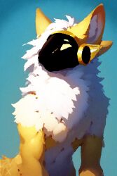  2:3 4_ears absurd_res ambiguous_gender anthro armor belly bent_over blue_background digital_media_(artwork) fluffy fur gold_(metal) hair hi_res inner_ear_fluff leaning looking_away machine male mane mouthless multi_ear muscular muscular_anthro muscular_male narrowed_eyes neck_tuft nude pazima_the_protogen protogen protogen_armor protogen_face protogen_visor simple_background sky smile solo squint tail tuft white_belly white_body white_fur white_hair white_inner_ear white_mane yellow_body yellow_ears yellow_eyes yellow_fur yellow_tail zinzwana 