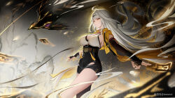  absurdres ahoge bird black_gloves black_thighhighs breasts female fingerless_gloves gloves grey_hair hair_ornament high-waist_shorts highres holding jacket long_hair moonct shorts single_thighhigh solo thighhighs watermark yellow_eyes yellow_jacket yixuan_(zenless_zone_zero) zenless_zone_zero 