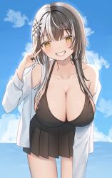  black_dress black_hair black_nails blue_sky blush breasts cleavage commentary day dress female grey_hair grin halterneck highres hololive hololive_english huge_breasts jacket leaning_forward litch1801 long_hair looking_at_viewer multicolored_hair outdoors shiori_novella sky smile solo split-color_hair teeth two-tone_hair virtual_youtuber white_jacket yellow_eyes 