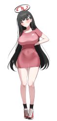  absurdres alternate_costume arm_behind_back black_hair black_socks blue_archive blush breasts covered_navel dress female hair_behind_ear hair_ornament hairclip highres large_breasts long_hair looking_at_viewer oreothecream parted_lips red_dress red_eyes red_shoes rio_(blue_archive) shoes short_dress short_sleeves socks solo sweat tight_clothes tight_dress 