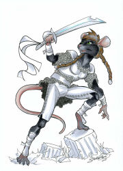  akna_(bahumot) anthro armor belt black_body black_fur bottomwear braided_hair braided_pigtails breastplate brown_hair chainmail clothed clothing cuirass female fur greaves green_eyes hair handwear hi_res holding_object holding_weapon mammal melee_weapon murid murine pants plate_armor rat rat_tail rodent sandy_schreiber simple_background solo standing sword tail teeth topwear traditional_media_(artwork) twintails vambrace warrior weapon wraps 