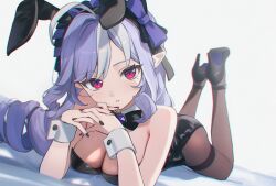  animal_ears bare_shoulders black_bow black_bowtie black_leotard black_nails black_shoes blush bow bowtie breasts brown_pantyhose chromatic_aberration commentary curly_hair female fingernails gem hair_ribbon high_heels highres large_breasts leotard long_hair looking_at_viewer lying mole mole_under_eye multicolored_hair nail_polish on_stomach pantyhose pink_eyes playboy_bunny pointy_ears poki_(j0ch3fvj6nd) purple_gemstone purple_hair purple_ribbon rabbit_ears ribbon shoes solo strapless strapless_leotard streaked_hair vivian_banshee white_background white_wrist_cuffs wrist_cuffs zenless_zone_zero 