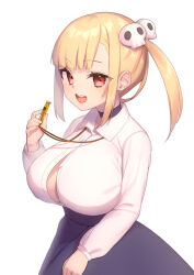 ai_maat blonde_hair breasts chinese_commentary commentary_request cowboy_shot female hair_ornament holding hsuliherng huge_breasts lady_and_the_papyrus long_sleeves looking_at_viewer open_mouth partially_unbuttoned red_eyes second-party_source shirt sidelocks simple_background skirt solo teeth upper_teeth_only white_background white_shirt 