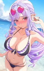 absurdres arm_at_side bare_shoulders beach bikini black_bikini black_nails blush breasts closed_mouth cloud collarbone commentary_request day drill_hair eyewear_on_head female frills gradient-tinted_eyewear halterneck highres large_breasts long_hair looking_at_viewer mole mole_under_eye multi-strapped_bikini_bottom multicolored_bikini multicolored_hair navel ocean partial_commentary pink-tinted_eyewear pointy_ears purple_hair red_eyes round_eyewear solo standing string_bikini swimsuit tinted_eyewear vic_1223 vivian_banshee zenless_zone_zero 