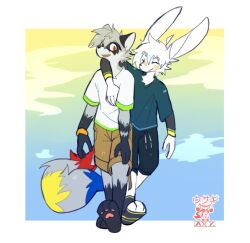  adhesive_bandage anthro axy_(axy_usagi) axy_usagi bottomwear bracelet closed_eyes clothing cloud duo facial_markings full-length_portrait fur hair head_markings jean_(axy_usagi) jewelry lagomorph leporid male male/male mammal markings mask_(marking) multicolored_body multicolored_fur no_shoes portrait procyonid rabbit rabbit_ears raccoon shorts simple_background tail watermark 