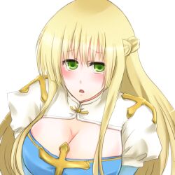  arch_bishop_(ragnarok_online) blonde_hair blue_dress blush braid breasts cleavage cleavage_cutout clothing_cutout commentary_request cross dress female green_eyes half_up_braid juliet_sleeves large_breasts latmizu long_hair long_sleeves looking_at_viewer open_mouth puffy_sleeves ragnarok_online simple_background solo two-tone_dress upper_body white_background white_dress 