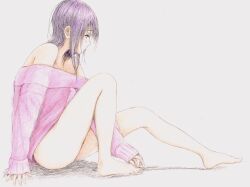  absurdres bare_shoulders barefoot bbmasa blush commentary_request female from_side gradient_background grey_background hibike!_euphonium highres legs liz_to_aoi_tori long_hair long_sleeves off-shoulder_sweater off_shoulder profile purple_hair sitting solo sweater thighs traditional_media yoroizuka_mizore 