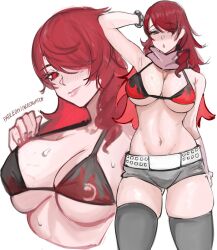  bikini blush breasts cleavage closed_mouth cosplay female grey_shorts grey_thighhighs hair_over_one_eye kirijou_mitsuru large_breasts long_hair looking_at_viewer navel nero_watch persona persona_3 red_eyes red_hair short_shorts shorts smile solo stomach swimsuit tengen_toppa_gurren_lagann thighhighs yoko_littner yoko_littner_(cosplay) 