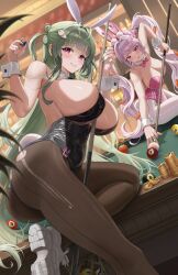  2girls 8-ball ahoge alice_(nikke) animal_ears ass blush bow breasts carrot coin collar covered_navel dice goddess_of_victory:_nikke gold_coin green_hair green_nails highres huge_ass huge_breasts impossible_clothes long_hair micro_bra multiple_girls nail_polish pink_eyes pink_hair pink_nails playboy_bunny pool_table rabbit_ears shoes silvertsuki skindentation smile sneakers soda_(nikke) table tongue tongue_out twintails wrist_cuffs 