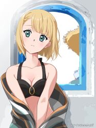  22/7 artist_name bikini black_bikini blonde_hair bob_cut breasts closed_mouth collarbone expressionless female green_eyes highres indoors inverted_bob nanairo_(nanairo227) no_hairband official_alternate_costume saito_nicole short_hair standing swimsuit upper_body v_arms window 