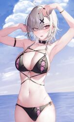 ahoge breasts cleavage collarbone commentary_request eyes_visible_through_hair female grey_hair gurumyuu hair_ornament hair_over_one_eye highres large_breasts looking_at_viewer mole mole_under_eye nijisanji open_mouth purple_eyes solo sukoya_kana virtual_youtuber x x_hair_ornament 