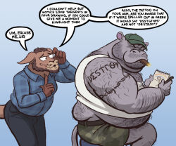  2025 adjusting_glasses anthro back_hair barbed_wire_tattoo beard belly big_belly black_bottomwear black_clothing black_pants blue_background blue_clothing blue_flannel blue_shirt blue_topwear body_hair bottomwear brown_body brown_fur brown_hair camo camo_bottomwear camo_clothing camo_print camo_shorts cigar clothing common_hippopotamus dialogue duo english_description english_text eyewear facial_hair fur glasses gradient_background greek_text green_baseball_cap grey_body hair hi_res hippopotamid honorific kangaroo looking_at_another looking_back looking_back_at_another macropod male mammal manly marsupial musclegut muscular nanoff nerd note_pad pants pattern_bottomwear pattern_clothing pattern_shorts rainbow shirt shorts side_view simple_background sitting size_difference speech_bubble stick_figure stubble tail tank_top text topwear white_clothing white_shirt white_tank_top white_topwear 