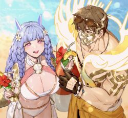  1boy 91007 :d artist_name beach bikini blue_hair blunt_bangs braid breasts brother_and_sister brown_eyes brown_gloves brown_hair cup drinking_glass drinking_straw eikthyrnir_(fire_emblem) eikthyrnir_(summer)_(fire_emblem) eyewear_on_head female fire_emblem fire_emblem_heroes flower gloves hair_between_eyes hair_flower hair_ornament heidrun_(fire_emblem) heidrun_(summer)_(fire_emblem) highres holding holding_cup holding_swim_ring innertube large_breasts large_pectorals long_hair looking_at_another mask mouth_mask muscular muscular_male official_alternate_costume open_mouth pectorals red_eyes short_hair siblings smile sunglasses swim_ring swimsuit teeth twitter_username upper_teeth_only white_bikini 