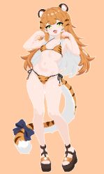  animal_ears bare_arms bikini female full_body green_eyes highres hikuri_miku ju_fufu long_hair looking_at_viewer navel open_mouth orange_bikini orange_hair paw_pose pixel_art side-tie_bikini_bottom simple_background smile solo standing stomach swimsuit tail tiger_ears tiger_girl tiger_tail zenless_zone_zero 