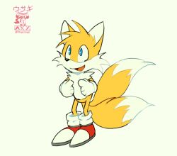  2_tails anthro axy_usagi bangs blue_eyes canid canine cheek_tuft clothing facial_tuft footwear fox gloves handwear male mammal multi_tail sega shoes simple_background solo sonic_the_hedgehog_(series) standing tail tails tuft watermark white_background 