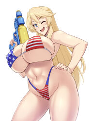  american_flag american_flag_bikini american_flag_print bikini blonde_hair blue_eyes breasts cleavage covered_nipples female flag_print flag_print_bikini hand_on_own_hip holding holding_water_gun huge_breasts iowa_(kancolle) kantai_collection kawanuma_uotsuri long_hair one_eye_closed open_mouth print_bikini simple_background smile solo star-shaped_pupils star_(symbol) swimsuit symbol-shaped_pupils water_gun white_background 