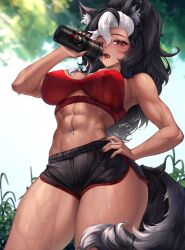  abs absurdres ashe_grayson black_hair black_nails black_shorts bottle breasts bright_pupils cleavage commission female gradient_hair grey_hair hand_on_own_hip highres indie_virtual_youtuber long_hair multicolored_hair navel navel_piercing open_mouth piercing red_eyes sainty short_shorts shorts signature solo tail tongue two-tone_hair virtual_youtuber water wet white_hair white_pupils 