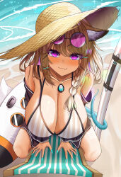  absurdres arknights blonde_hair breasts cleavage eyewear_on_head female highres jewelry large_breasts looking_at_viewer necklace oerba_yun_fang outdoors purple_eyes skin_fang smile solo sunglasses utage_(arknights) utage_(summer_flowers)_(arknights) vailtred 